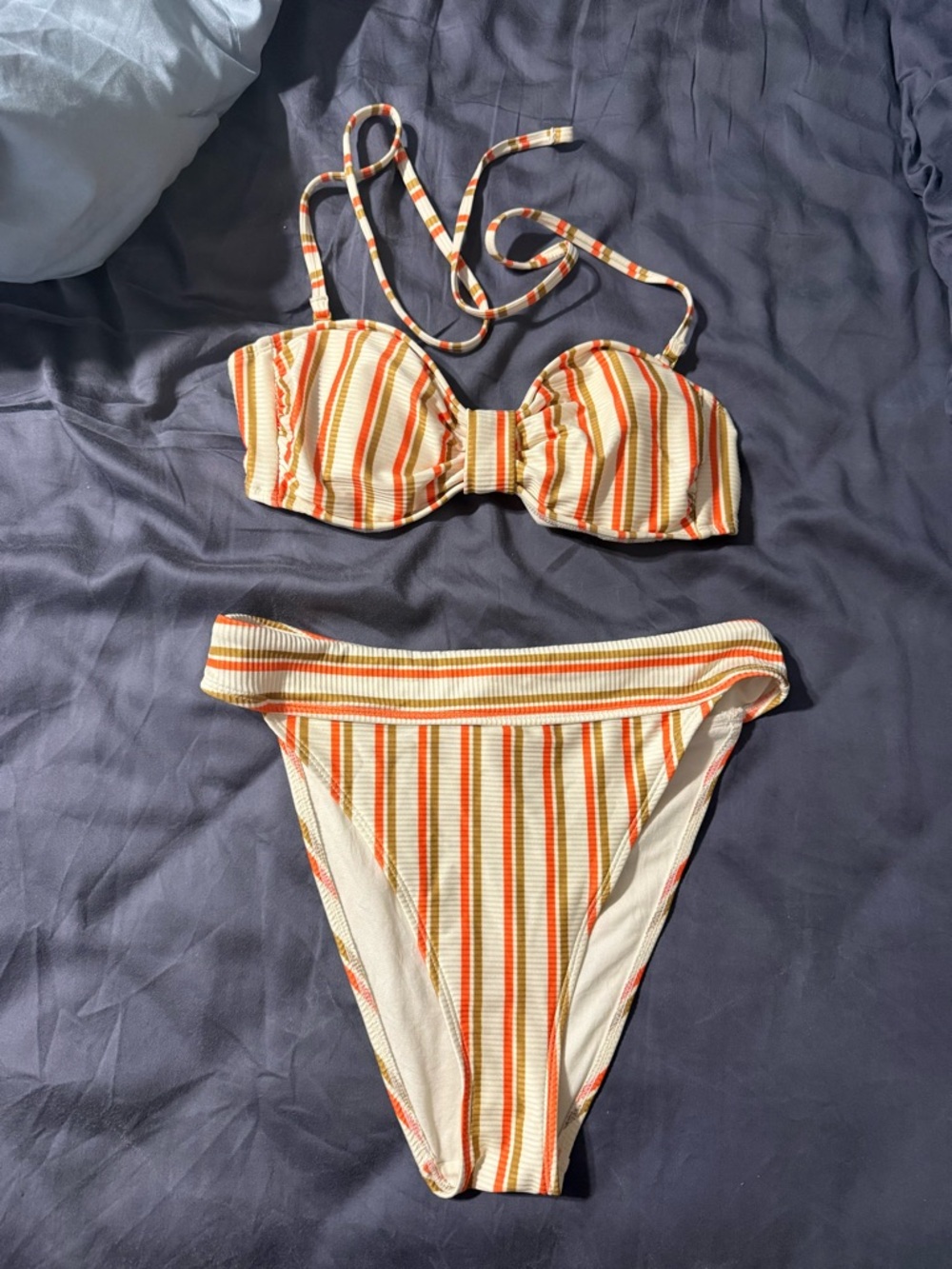 Striped Bandeau + High Waisted Bikini Set